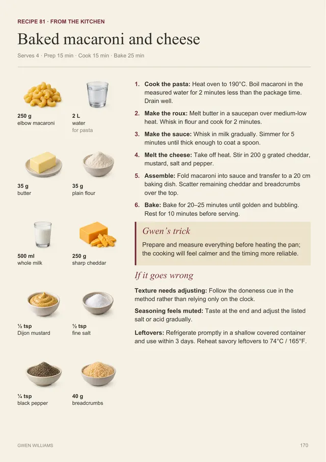 A recipe page from the book: Baked macaroni and cheese